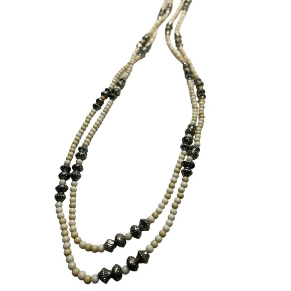Long Boho Western Style Beaded Necklace Cream and Silver 30 inch - Picture 3 of 4